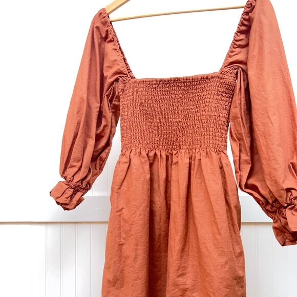 Kourt Portia Rust Smocked Mini Dress Puff Sleeve Square Neck Linen Blend Size S - Picture 4 of 11